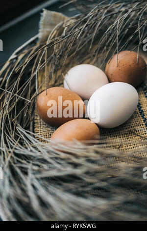 Easter decoration. Five eggs in a nest. Stock Photo