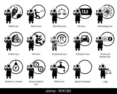 Different type of laws. Icons depict field and area of laws, justice, jurisdictions, regulations, and legal system. Part 7 of 7. Stock Vector