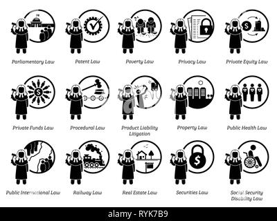 Different type of laws. Icons depict field and area of laws, justice, jurisdictions, regulations, and legal system. Part 6 of 7. Stock Vector