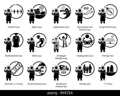Different type of laws. Icons depict field and area of laws, justice ...