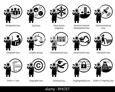 Different type of laws. Icons depict field and area of laws, justice, jurisdictions, regulations, and legal system. Part 2 of 7. Stock Vector