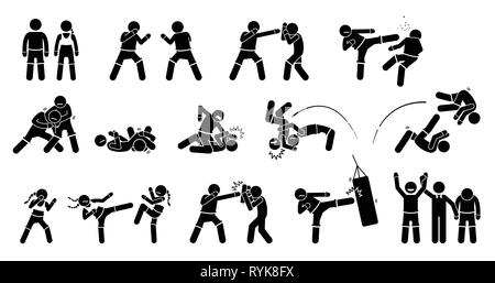 MMA mixed martial arts actions. Pictogram depicts MMA fighters with fighting and combat techniques. These MMA male and female poses are punch, kick, b Stock Vector