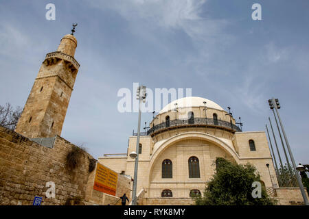 Minaret & synagogue, Jerusalem old city, Israel. Stock Photo