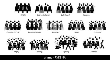 Audience, crowd, and people reactions toward stage performance. Pictograms depict spectators of live show emotions and actions such as happy, unhappy, Stock Vector