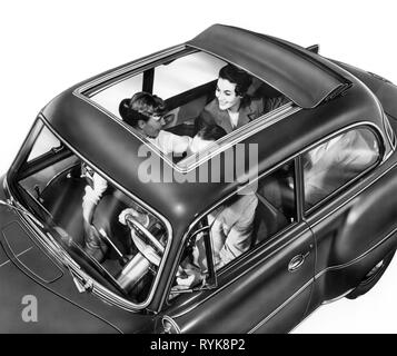 transport / transportation, car, vehicle variants, Opel Olympia Rekord, detail, open sunshine roof, view from angular top, Germany, 1957, Additional-Rights-Clearance-Info-Not-Available Stock Photo