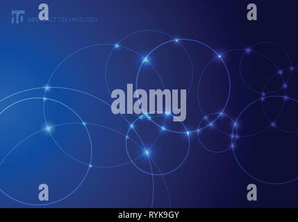 Abstract circles and dots with overlapping on blue background technology style. Future concept. Node molecule structure. Science and connection. banne Stock Vector