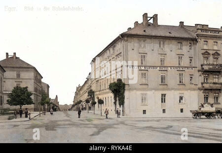 Buildings in Cheb, Hotels in Karlovy Vary Region, Horse-drawn carriages in the Czech Republic, 1912, Karlovy Vary Region, Eger, Blick in die Bahnhofstraße Stock Photo