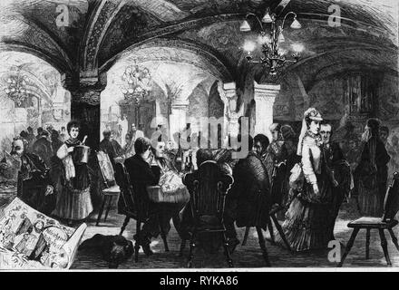 geography / travel, Germany, Munich, gastronomy, 'Rathauskeller', interior view, after original drawing by P.Burmeister, wood engraving, from: 'Illustrirte Zeitung', number 1674, Leipzig, 31.7.1875, 19th century, graphic, graphics, inns, bar, bars, pub room, dining area, tables, table, chairs, chair, cellar, cellars, arched roof, arched top, quaquaversal structure, guest, guests, sitting, sit, standing, service, waitress, waitresses, tavern, inn, hotel, restaurant, taverns, basement vault, basement vaults, neo-Gothic style, Gothic Revival, Upper , Additional-Rights-Clearance-Info-Not-Available Stock Photo