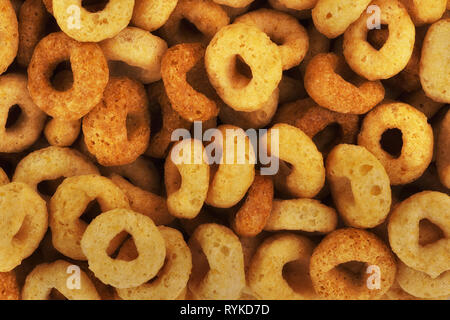 Extremely close up on cold cereals, quick breakfast for kids and adult, top view. Stock Photo