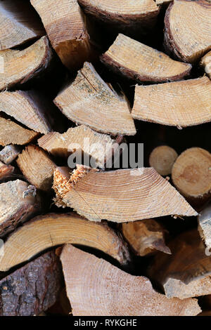 Pile of firewood stacked. These logs can be used for a fireplace or heating a home. Lovely closeup photo was taken in Finland. Color image. Stock Photo