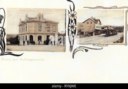 Horní Slavkov (train station), Hotels in Karlovy Vary Region, Multiview postcards, Horní Slavkov, 1903, Karlovy Vary Region, Schlaggenwald, Bahnhof und Hotel, Czech Republic Stock Photo