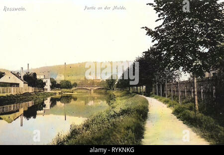 Freiberger Mulde in Roßwein, Bridges in Roßwein, Postcards of bridges in Roßwein, Buildings in Roßwein, 1912, Landkreis Mittelsachsen, Roßwein, Partie an der Mulde, Germany Stock Photo