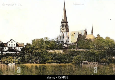 Ponds in Chemnitz, Schlosskirche Chemnitz, 1913, Chemnitz, Schloßteich und Schloßkirche Stock Photo