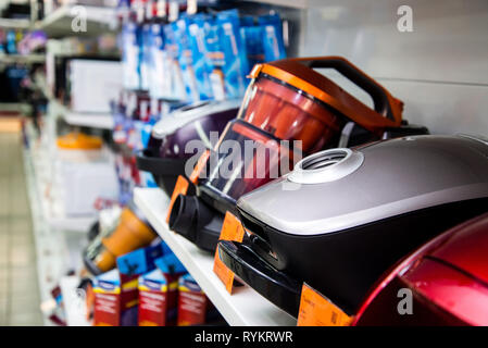 Chelyabinsk Region, Russia - February 2019. Shop household electrical goods NORD . Racks with the goods. Stock Photo
