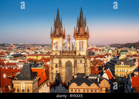an aerial view of the roofs of the Old Town of Prague, in the Czech Republic, highlighting the towers and the top of the Church of Our Lady before Tyn Stock Photo