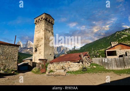 Stone medieval Svaneti tower houses of Lashtkhveri village in the Caucasus mountains, Upper Svaneti, Samegrelo-Zemo Svaneti, Mestia, Georgia.  A UNESC Stock Photo