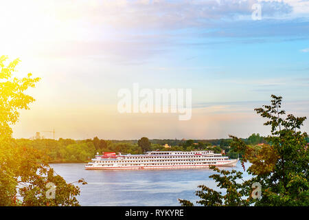 Cruise ship on the Volga river near the Volga embankment of the city of Yaroslavl. Stock Photo