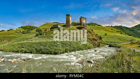 Stone medieval Svaneti tower houses of Davberi village in the Caucasus mountains, Upper Svaneti, Samegrelo-Zemo Svaneti, Mestia, Georgia. Stock Photo