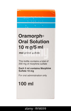 A bottle of Oramorph oral solution morphine sulfate on a white background Stock Photo