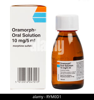 A bottle of Oramorph oral solution morphine sulfate on a white background Stock Photo