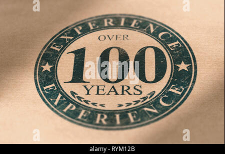 Composite Image between a stamp drawing and a brown paper photography. Rubber stamp label of a very old company with over 100 years of experience. Con Stock Photo