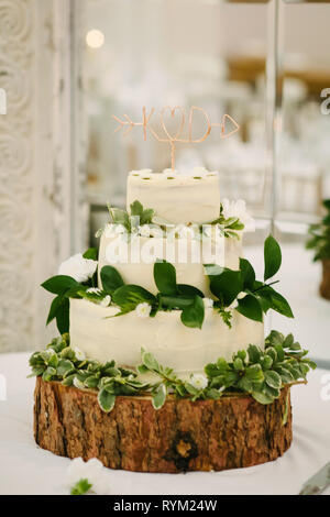 a simple rustic style white wedding cake with green foliage leaves on a wooden stand Stock Photo