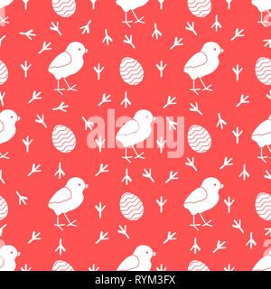Seamless pattern with chicken, traces of chicken, decorated eggs. Happy Easter. Festive background. Design for banner, poster or print. Stock Vector
