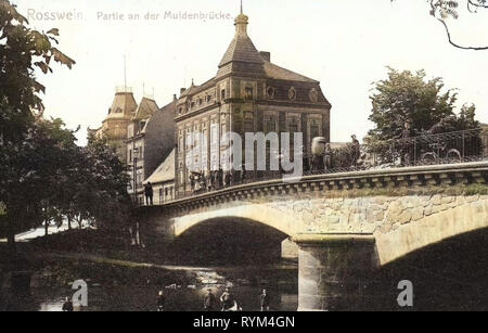 Bridges in Roßwein, Postcards of bridges in Roßwein, Freiberger Mulde in Roßwein, Bridges over the Freiberger Mulde, Buildings in Roßwein, 1908, Landkreis Mittelsachsen, Roßwein, An der Muldenbrücke, Germany Stock Photo