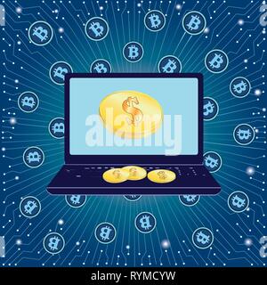 Dollar coin and the concept of bitcoin. Laptop for remote operation. Earnings on the Internet. Dark blue. Vector Stock Vector
