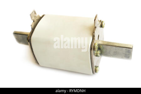 Ceramic electric fuse for large currents closeup on white Stock Photo