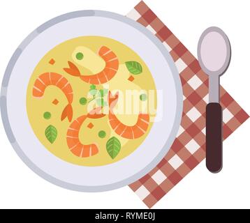 Menu concept. Cheese soup with shrimps and peas. Healthy food. Soup in flat style. Vector illustration. Stock Vector