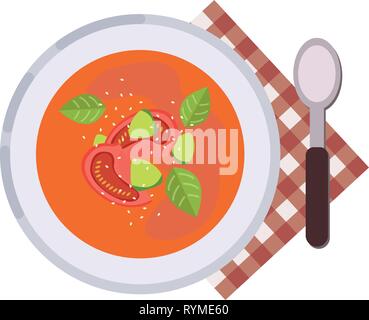 Menu concept. Gazpacho soup Tomato soup Spanish cuisine. Healthy food. Soup in flat style. Vector illustration. Stock Vector