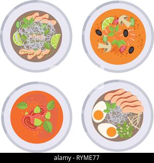 Menu concept. Collection of different soups. Ramen, pho, tom yum and gazpacho. Healthy food. Soup in flat style. Vector illustration. Stock Vector