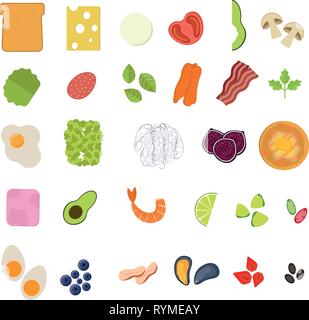 Set of food icons in flat style Fruits, vegetables, meat, fish, bread, cheese, sweets. Ingredients collection Vector illustration Stock Vector