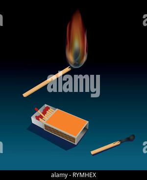 A lighted match wit a matchbox full of unused matches. Stock Vector