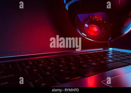 Big red eye of dome cctv watches keyboard and laptop screen. Supervision and Office crisis of confidence concept. 3D rendering Stock Photo