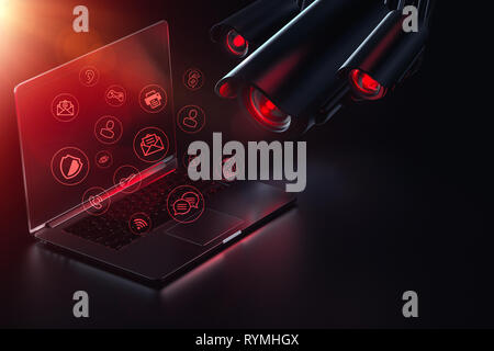Hostile cameras searches computer for passwords, sensible data and possible backdoors. Internet surveillance. Vulnerability for hacker attacks concept Stock Photo