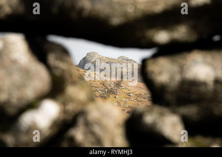 Haytor through a gap in a dry stone wall in Dartmoor National Park, Devon, South West England, United Kingdom. Stock Photo