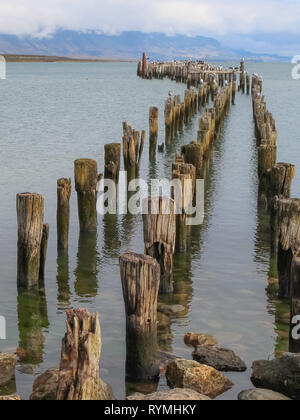 Patagonia bay and mountains from Puerto Natales with cormorants on old pilings day Stock Photo