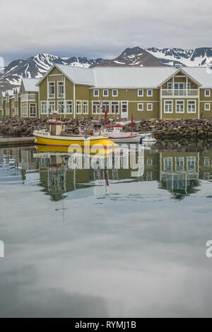 Yellow and white fishing boats at the dock outside the green and white Siglo Hotel on the harbor in Siglufjörður (Siglufjordur) Iceland Stock Photo