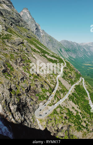 The zig zag Trollstigen mountain pass road on the Geiranger-Trollstigen National Scenic Route in Norway Stock Photo