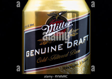 ST. PAUL, MN/USA - MARCH 6, 2019: Miller Genuine Draft beer and trademark logo. The Miller Brewing Company is an American beer brewing company. Stock Photo