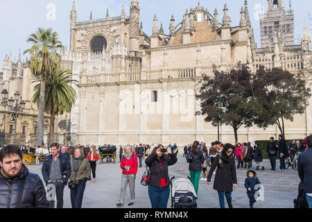 Tourists in Plaza del Triunfo with Seville Cathedral in the background Stock Photo