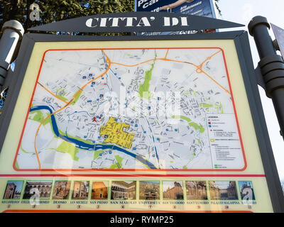 PAVIA, ITALY - FEBRUARY 22, 2019: outdoor city map with pictures of landmarks on street of Pavia. Pavia is town in Lombardy, the city was the capital  Stock Photo