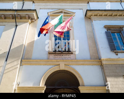PAVIA, ITALY - FEBRUARY 22, 2019: facade of Central building University of Pavia (UNIPV, Universita degli Studi di Pavia, Alma Ticinensis Universitas) Stock Photo