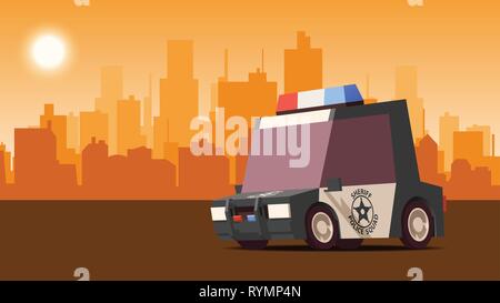 Police Sedan on City Landscape Background. IsoFlat Styled Vector Illustration. Stock Vector