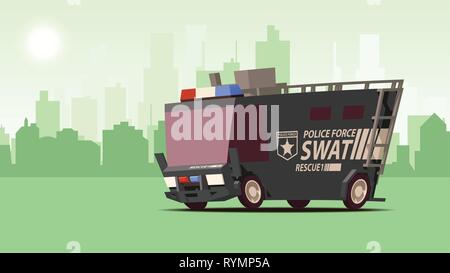 Police Van. Armored Special Forces Vehicle SWAT on City Landscape Background. Stock Vector