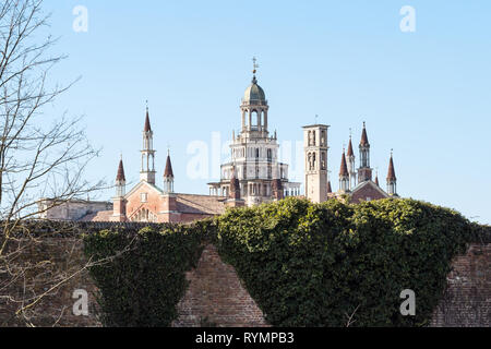 Travel to Italy - view of towers of Certosa di Pavia Gra-Car (Carthusian Monastery, Monastero di Santa Maria delle Grazie, Santuario Gratiarum Carthus Stock Photo