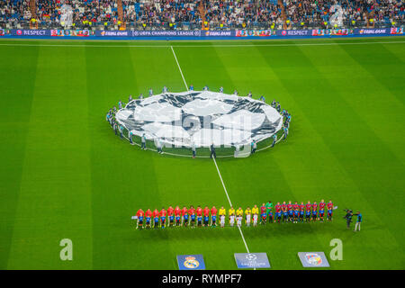 Champions League football match, previous moments. Santiago Bernabeu stadium, Madrid, Spain. Stock Photo