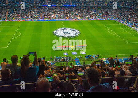 Champions League football match, previous moments. Santiago Bernabeu stadium, Madrid, Spain. Stock Photo